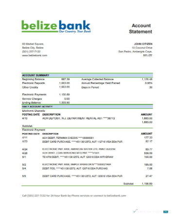 Download Belize Belizebank bank statement excel version 2 Photoshop template